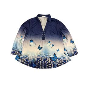 Rosegal Butterfly Ombre Tunic Blouse Blue Floral 1X Boho